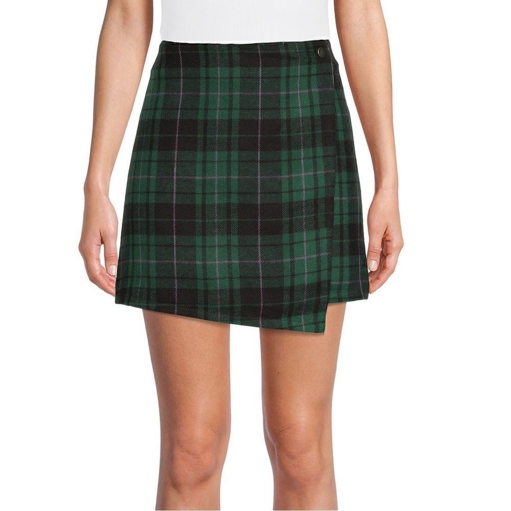 No Boundaries Junior's Flannel Faux Wrap Skirt Green Plaid NWOT